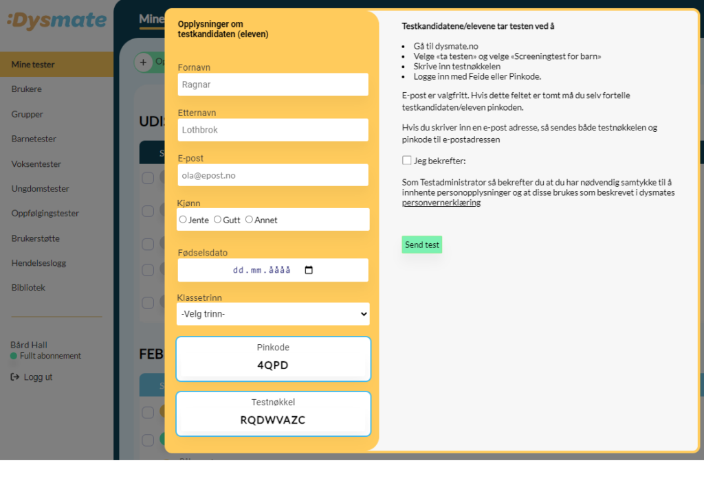 Skjema for å tilpasse en barnetest